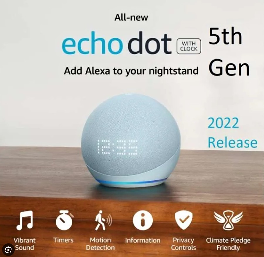 Amazon Echo DOT Clock 2022 (5. generace) - hlasový asistent s hodinami - Glacier White (bílý)