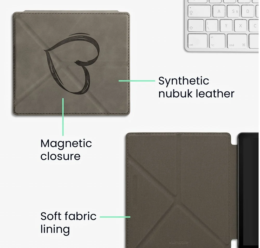 Pouzdro KW Mobile - Origami Nubuk Brushed Heart - KW6006101 - pro Amazon Kindle Oasis 2 / 3 - šedé