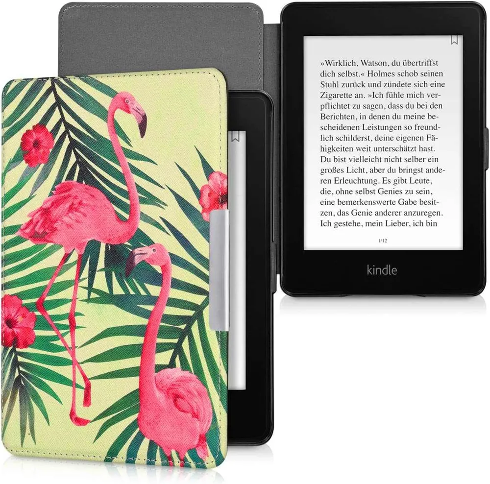 Pouzdro KW Mobile - Flamingos & Palm Trees - KW2582427 - pro Amazon Kindle Paperwhite 1/2/3 - světle zelené