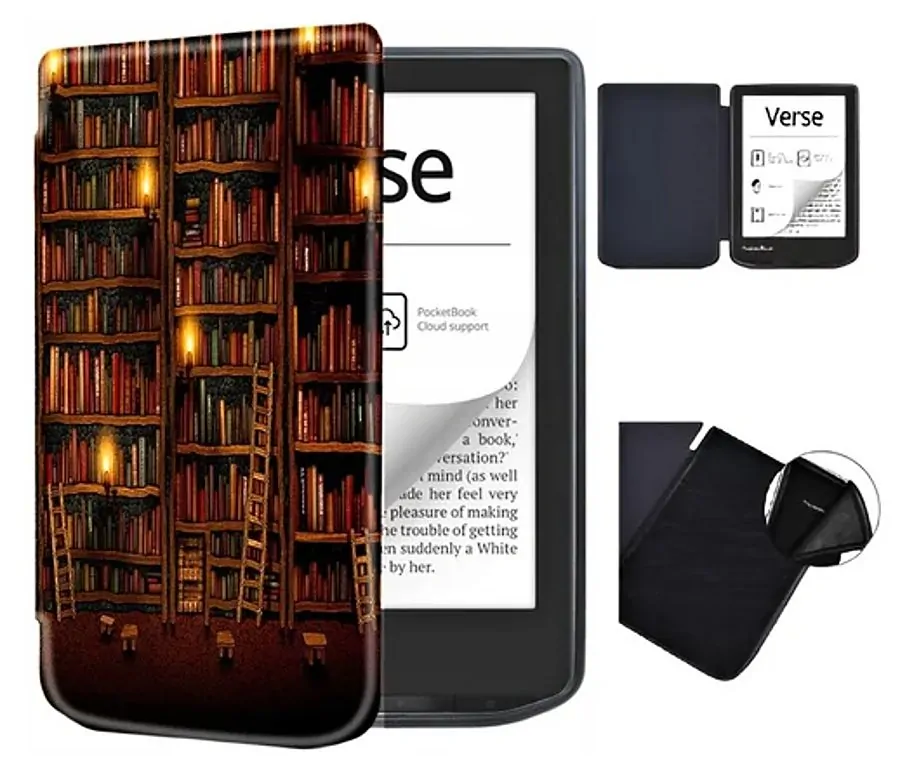 Armori Trimer T059, pouzdro pro Pocketbook 629 Verse / 634 Verse Pro - magnetické zavírání, AutoSleep, motiv Library